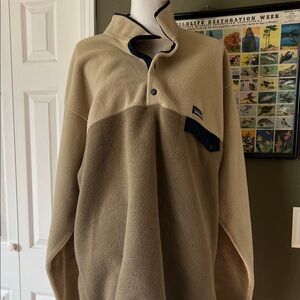 Patagonia Beige Synchilla Color Block Fleece Pullover with Dark Blue Trim